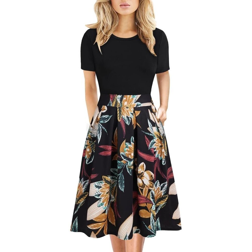 Women's Black Yellow Elegant Knee Length Vintage A-Line Swing Dress with Pockets